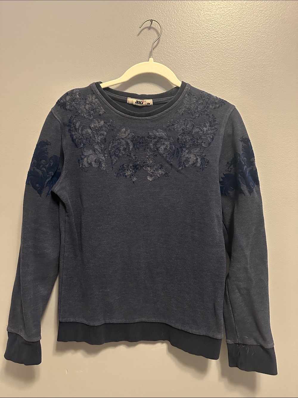 Embroidered Denim-Blue Crewneck Sweater